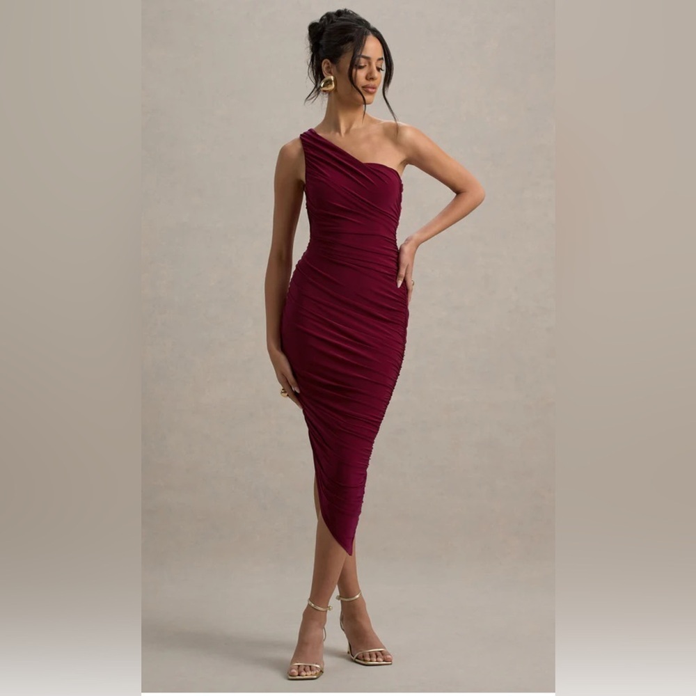 Club L London- One Shoulder Asymmetric Ruched Midi Dress- US 4